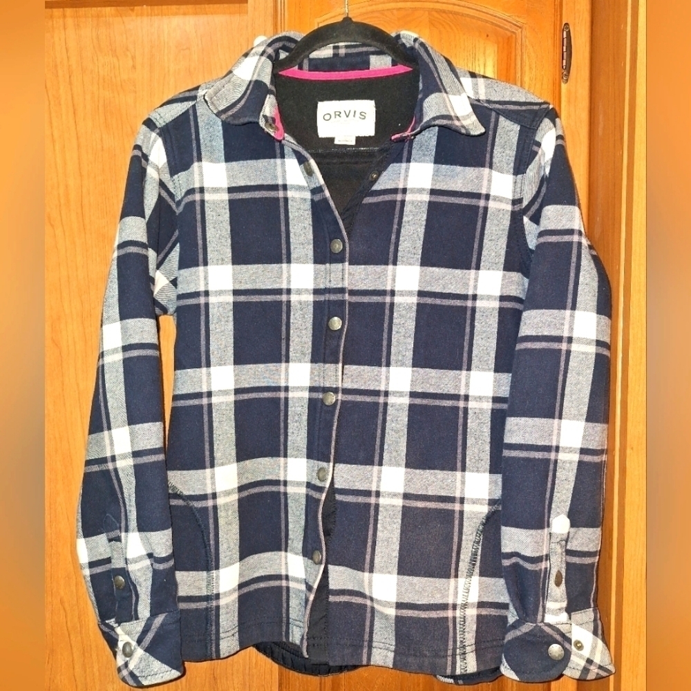 An Orvis ladies large long sleeve button-down large blocked shirt.